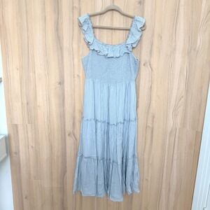 Old Navy Womens Maxi Dress Size L Blue Stripe Smocked Tiered Ruffle Cottage Boho